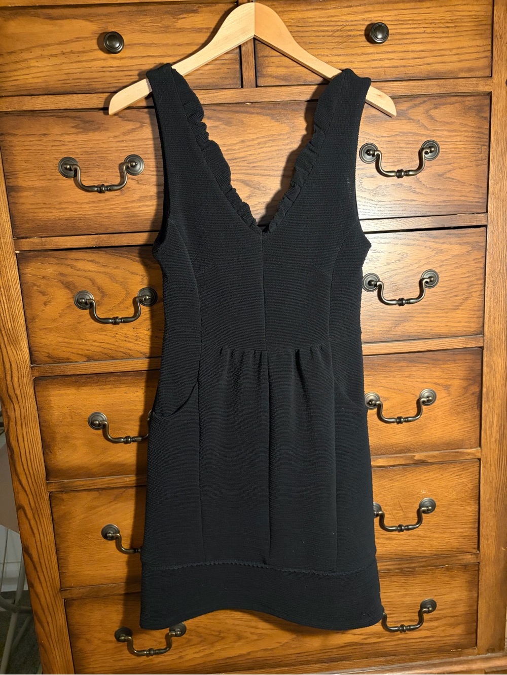 Maeve Black V-Neck Ruffle Trim Mini Dress